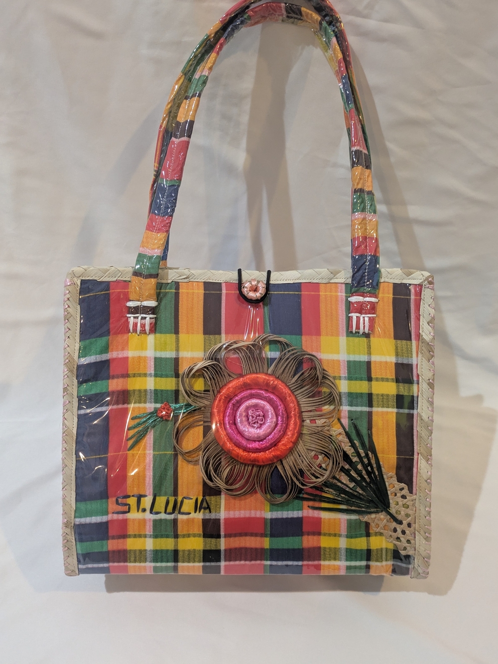 Colorful Madras Plaid Tote Bag with Flower Accent - St. Lucia